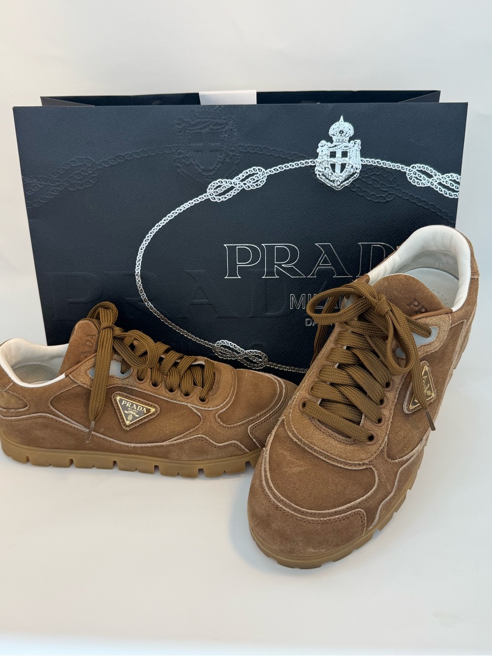 Prada Woman’s Suede Sneakers in Brown with Gold Logo